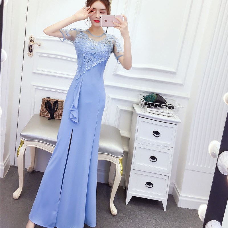 晚礼服女2024新款高级感礼服拼接网纱气质主持人鱼尾亮片开叉长裙