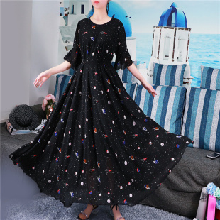 2021新款 宽松显瘦高腰小碎花春夏过膝长裙女复古裙 雪纺连衣裙大码