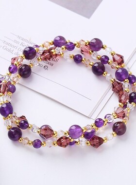 糖果彩色碧玺三圈手链女小众设计感草莓晶紫水晶手工饰品串珠配饰