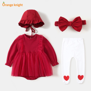 婴儿小裙子春秋满月衣服红色百天新生儿公主裙宝宝周岁百日宴礼服