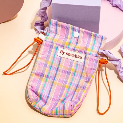 条纹格子斜跨水杯包学生迷你小挎包少女心外出逛街水壶包保温杯套