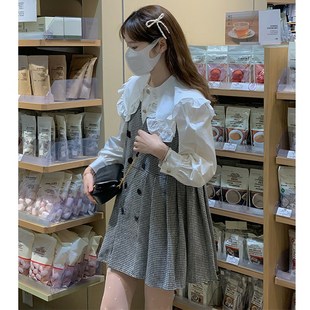 大码女装2024秋季胖mm时尚套装娃娃领衬衫+格纹百褶背心裙背带裙