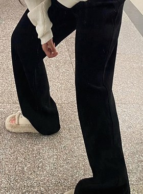 黑色雪尼尔休闲裤女秋季新款胖妹妹mm高腰宽松显瘦灯芯绒阔腿长裤