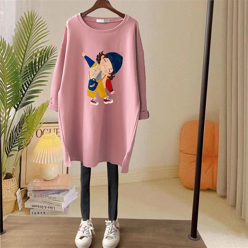 加厚保暖磨毛长袖T恤女宽松中长款休闲纯棉圆领上衣打底衫秋冬季