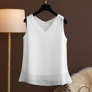 宽松吊带外穿内搭遮肚打底衫 上衣大码 无袖 白色V领雪纺背心女夏季