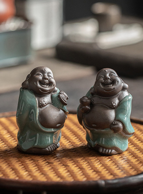 中式陶瓷哥窑茶宠花宠摆件茶玩茶盘茶道花盆园艺装饰品笑佛小弥勒