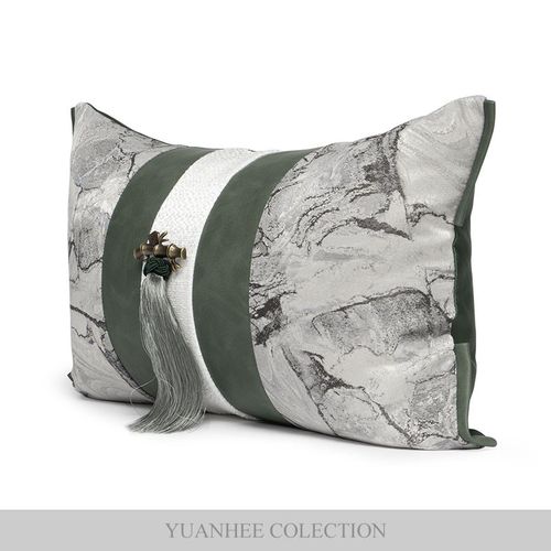 元熙壹品【竹韵】新中式系列拼接绿色流苏腰靠枕酒店样板间抱枕套