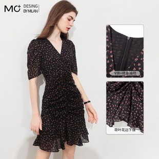 新款 真丝连衣裙2024夏季 碎花雪纺V领抽褶收腰A字裙子 V领法式 短袖