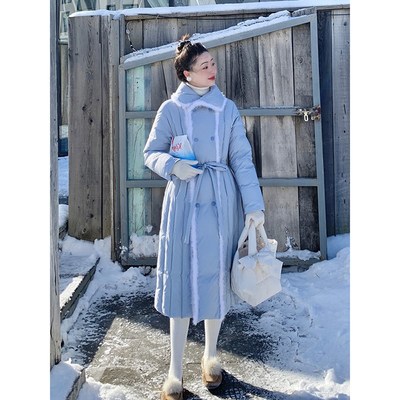 新中式蓝色毛毛拼接中长款羽绒服女秋冬收腰系带轻薄显瘦保暖外套