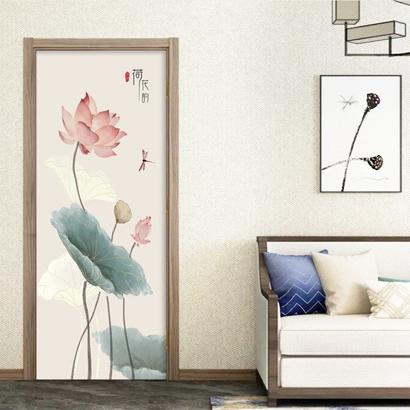新中式荷花房门贴画自粘古典荷韵防水定制整张翻新软装装饰贴纸
