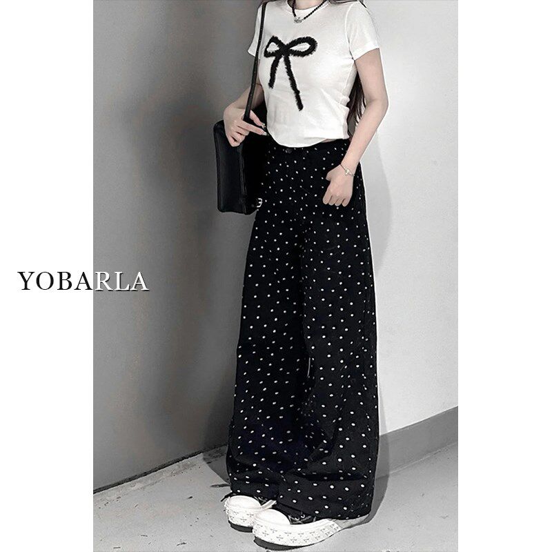 黑色波点直筒休闲裤女春秋新款胖mm大码宽松显瘦梨形身材阔腿裤子