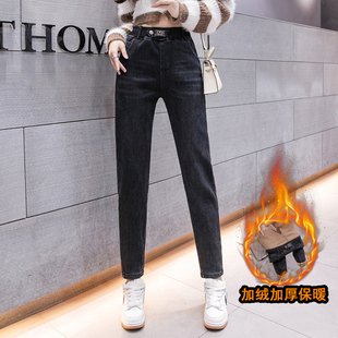 哈伦直筒弹力老爹裤 2022新款 子 女学生松紧腰秋冬季 加绒加厚牛仔裤