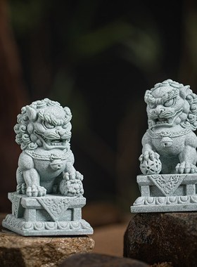 新中式雌雄石狮子一对招财摆件家居桌面庭院门口看门镇宅造景装饰