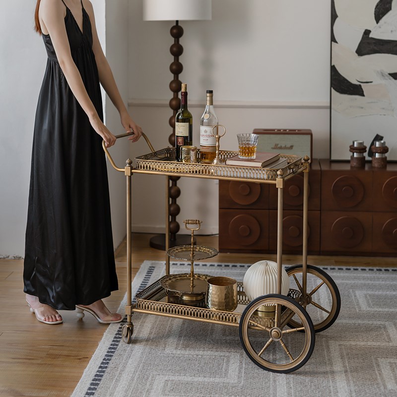 复古法式移动推车沙发边几金属玻璃置物架家用轻奢客厅层架餐车