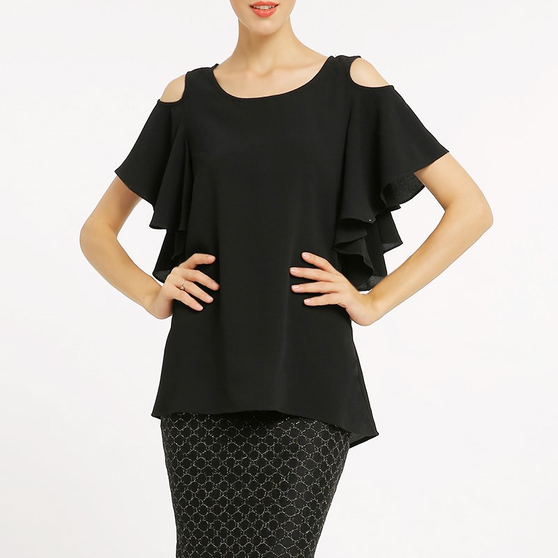 高端小衫时尚露肩洋气一字领白色荷叶短袖上衣黑色雪纺t恤女夏季