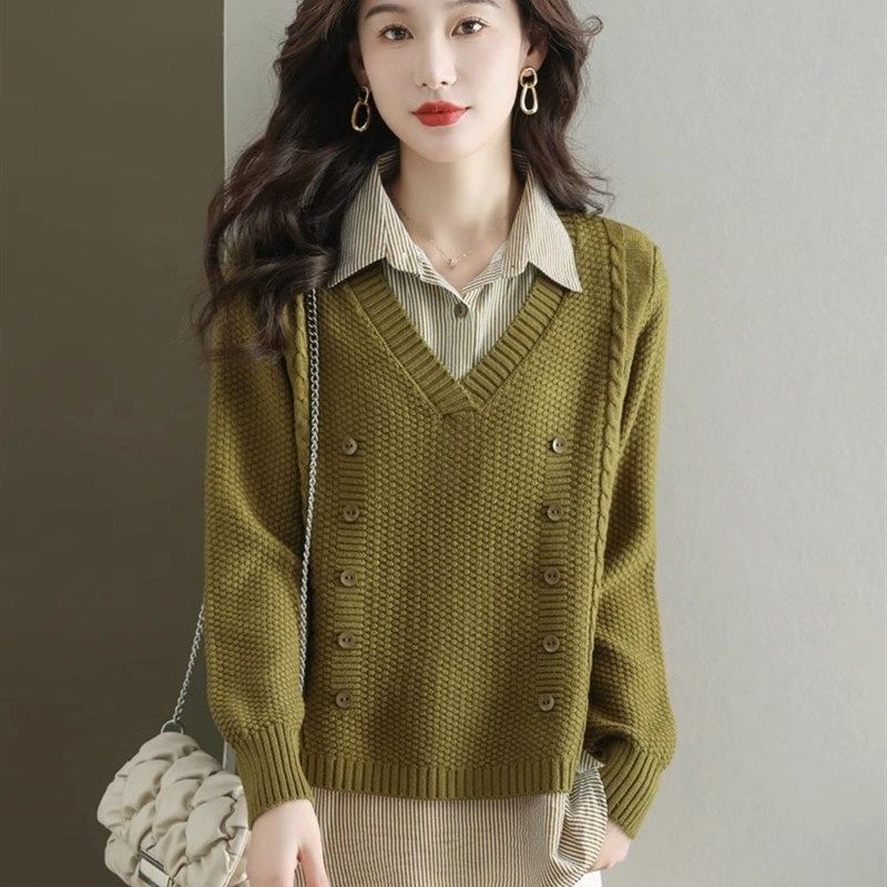 秋装衬衫领毛衣女假两件针织衫时尚洋气打底衫上衣秋冬季2023新款