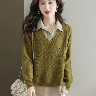 时尚 领毛衣女假两件针织衫 洋气打底衫 上衣秋冬季 秋装 2023新款 衬衫