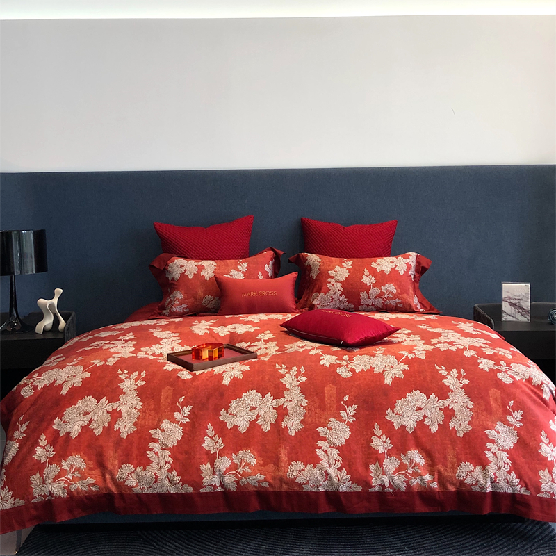 轻奢婚庆红色全棉贡缎四件套纯棉轻复古田园风喜庆结婚床上用品