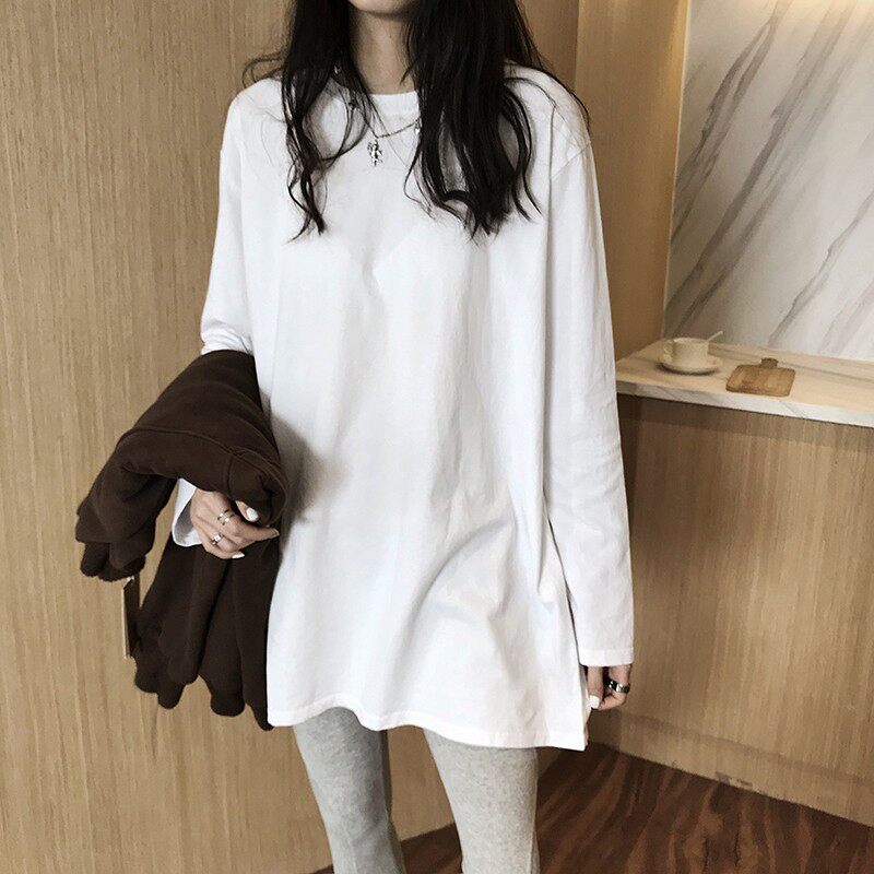 秋冬加绒长袖打底衫女大码宽松长款遮屁股白色纯棉内搭圆领t恤女