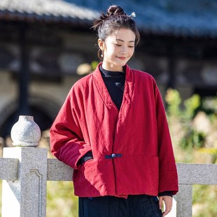 文艺夹棉茶服上衣女冬2024新款 盘扣短棉衣 国风复古V领棉外套中式