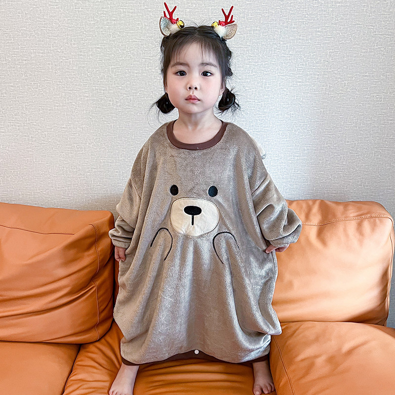 儿童法兰绒睡衣连体男女童宽松睡袍秋冬宝宝珊瑚绒睡袋一体式保暖