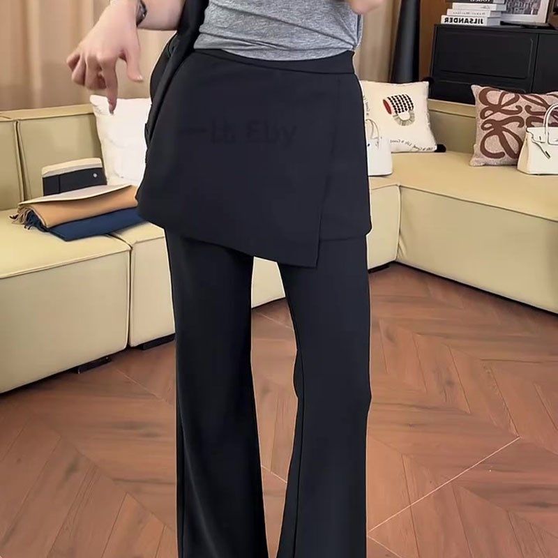 黑色假两件挡片式微喇裤女2025夏季新款高腰修身屁帘叠穿西装裙裤