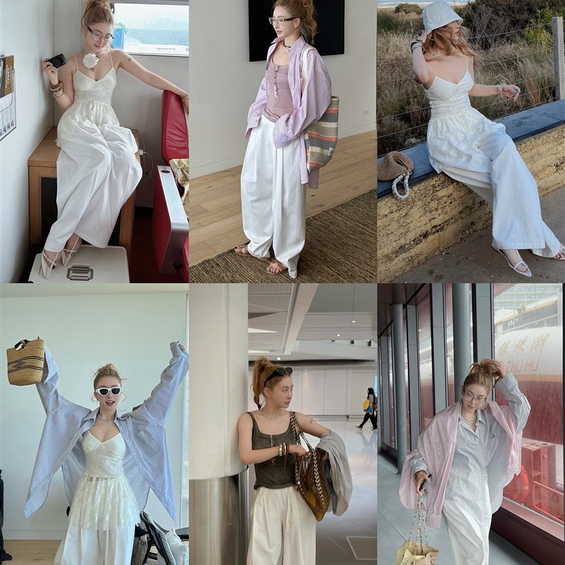 MOERSHOP 时髦精标识 2024夏季半松紧腰刚需白色休闲西裤女配腰带