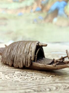 中式装饰摆件 桌面摆景配饰 草棚船 复古国韵小舟 山石盆景水族船