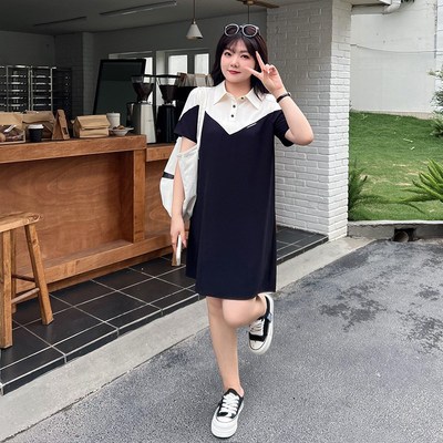 2023夏装新款大码女装显瘦妹妹胖MM连衣裙假两件拼接短袖A字裙子