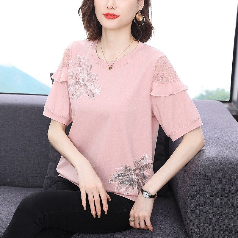 夏季中年妈妈装宽松短袖纯棉t恤女夏装女士大码半袖拼接洋气上衣