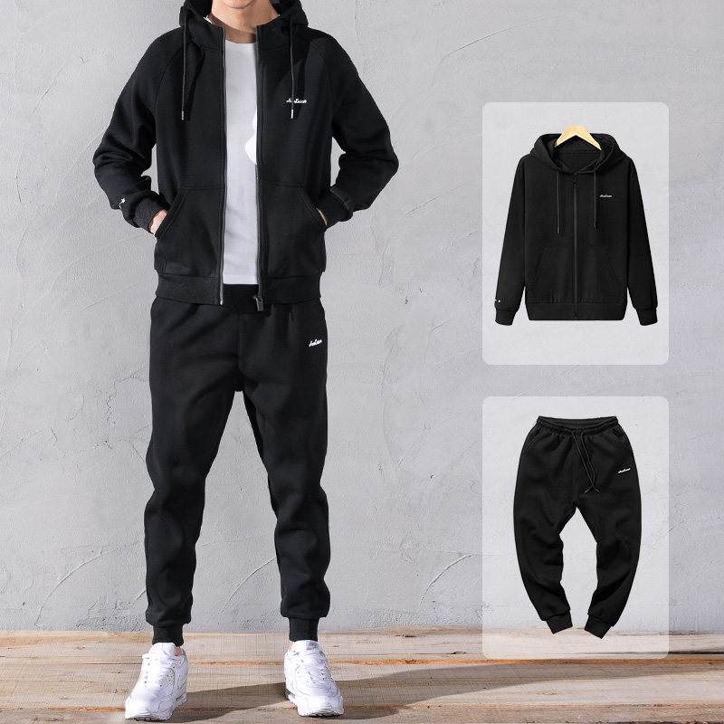 秋冬卫衣套装男士连帽情侣休闲两件套加绒加厚潮流运动服秋外套男