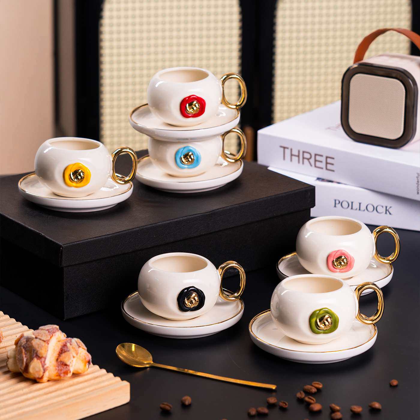 创意6色陶瓷咖啡杯碟6杯6碟下午茶家用小号套装礼品盒装厂家直销