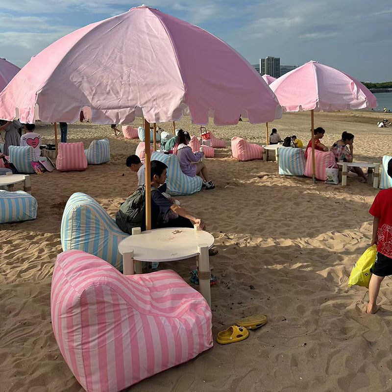 紫色网红户外海边沙滩防水防风圆弧太阳伞懒人沙发桌椅定制套装