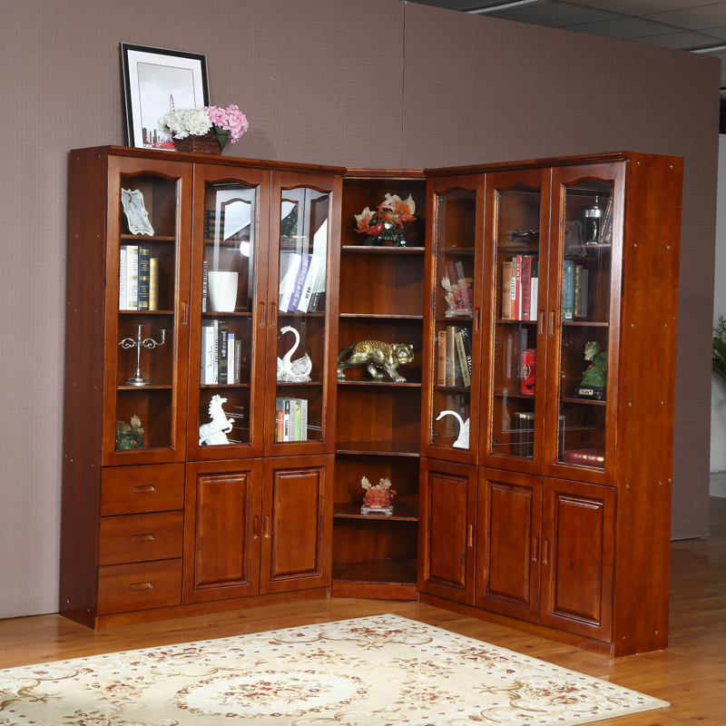 实木转角书柜书房家具办公两三门自由组合香樟木带玻璃门书橱书架