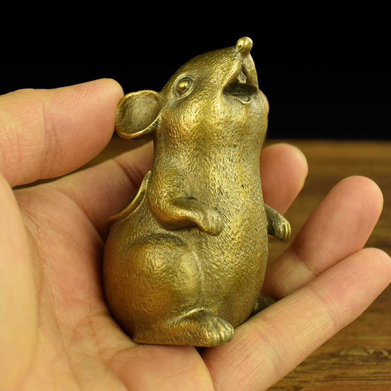黄铜紫铜实心生肖鼠办公室书房桌面小摆件文房镇纸可爱家居工艺品