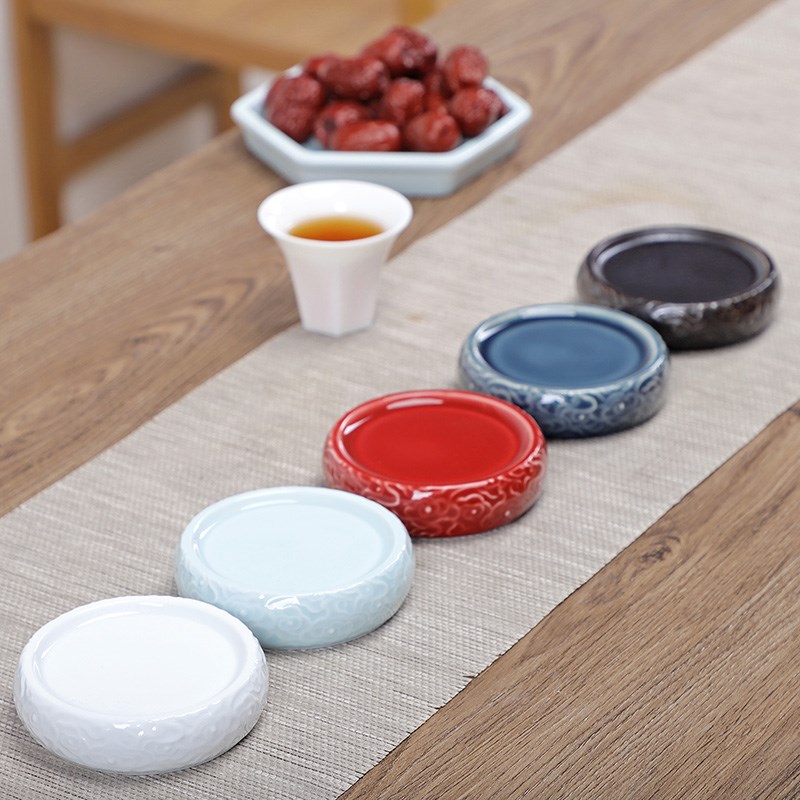 陶瓷复古盖置浮雕壶盖茶杯盖托杯垫杯托茶托茶道泡茶创意茶道配件