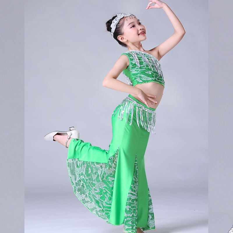 儿童傣族舞蹈服新款孔雀舞演出服亮片鱼尾裙肚皮舞傣族练习表演服