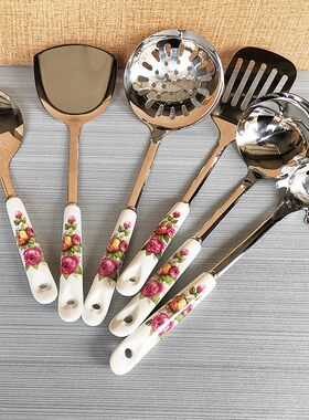 花卉厨具陶瓷不锈钢粥勺大号锅铲煎铲饭勺厨房用品粉玫瑰大漏勺
