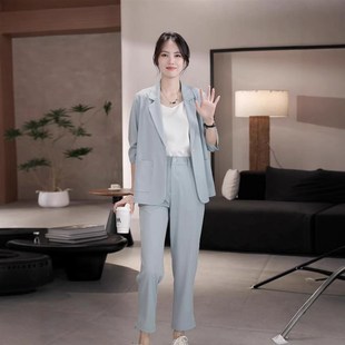 薄款 小西装 休闲九分小脚裤 女装 两件套 职业装 夏季 2025新款 大码 套装