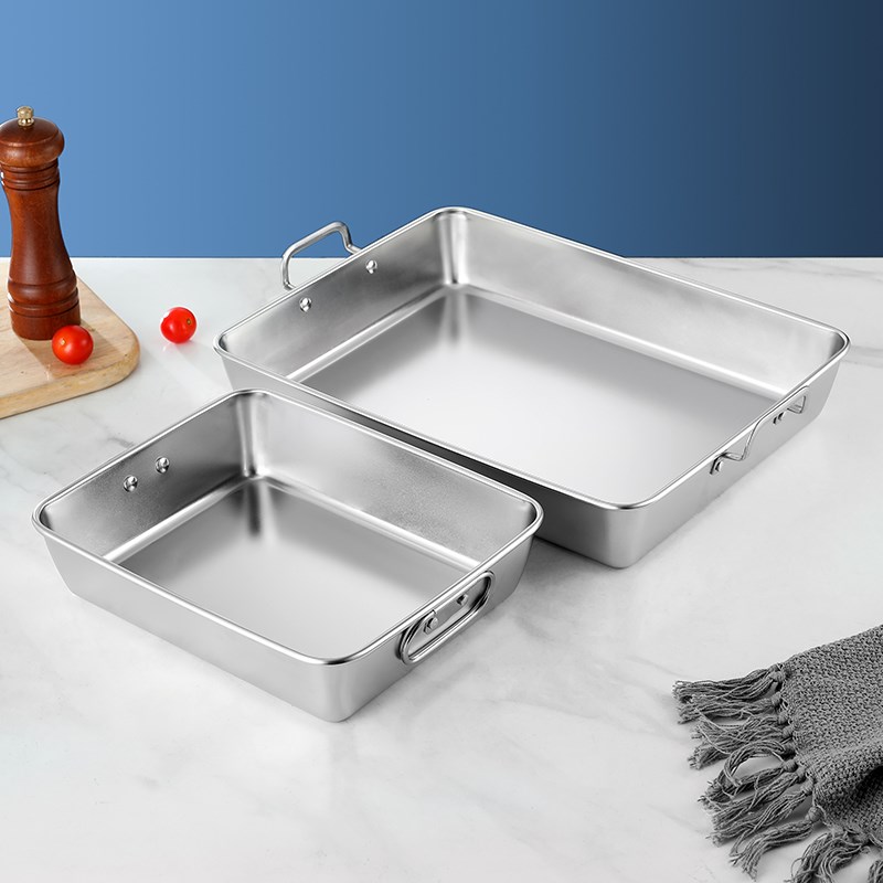 不锈钢方盘金色带耳平底托盘毛巾盘蒸餐盘烧烤盘盘子浅盘快餐盘子