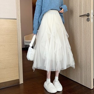 半身裙女春秋季2024年新款黑色沙沙裙高级感网纱裙秋冬款垂感长裙