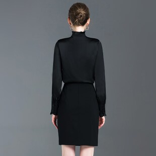 黑色衬衫女长袖秋冬职业2024新款上衣立领荷叶边加绒加厚衬衣女冬