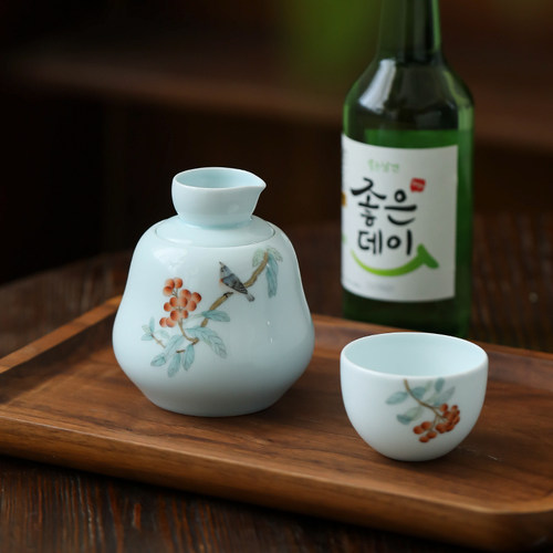 影青葫芦温酒壶一人饮米酒白酒陶瓷小酌酒具文艺手绘枇杷翠鸟酒杯
