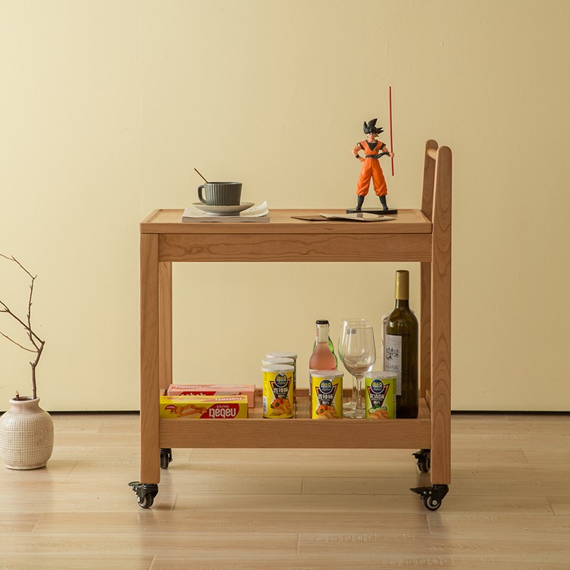 实木小推车樱桃木客厅边几北欧简约多功能移动滑轮茶几双层置物架