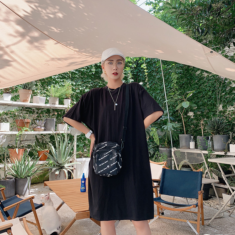 长款T恤宽松过膝中长款短袖女夏2021新款休闲风纯棉大码懒人t恤裙