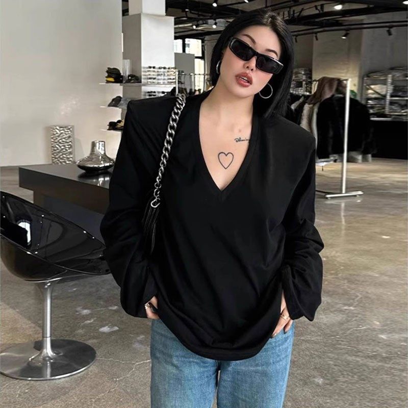 中长款纯棉长袖t恤女卫衣遮屁股宽松大版打底长袖t恤女垫肩上衣秋