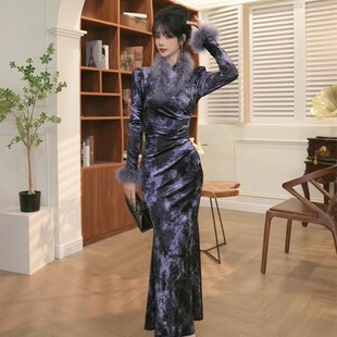 水墨画国风超好看绒毛鱼尾连衣裙褶皱收腰显身材温柔气质修身长裙