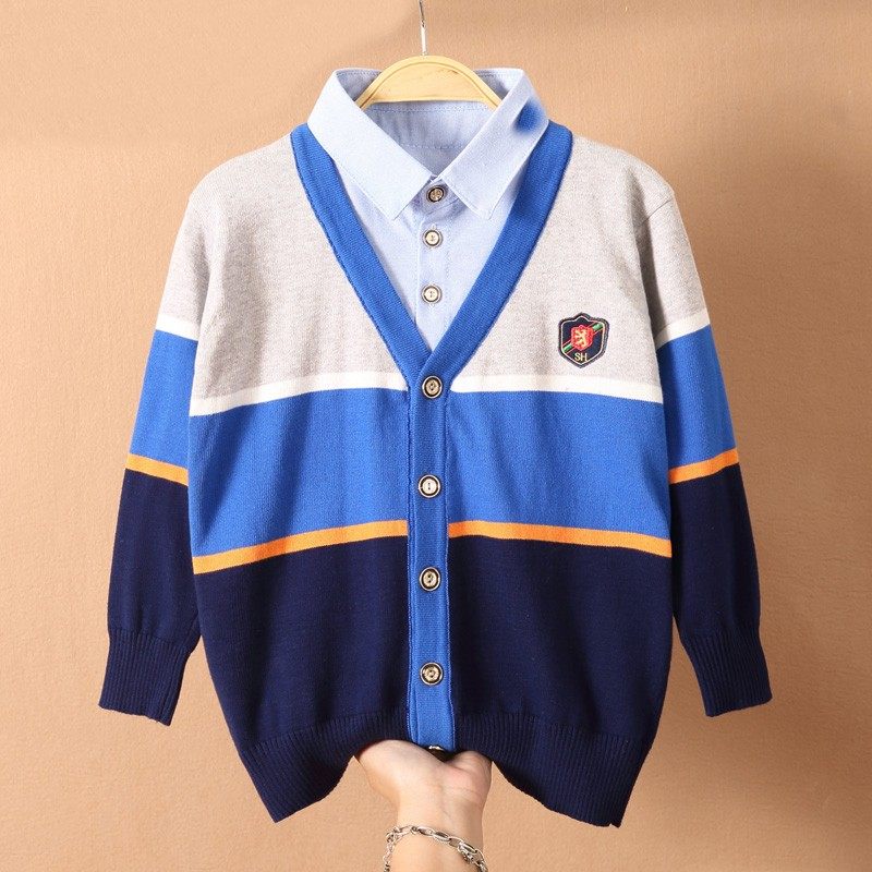 开衫春秋冬薄款男童假两件全棉线衫针织毛衣纯棉套头衬衣打底衫