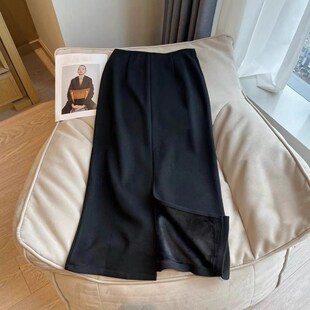 大码加绒直筒半身裙女2024冬季新款梨形胖mm时尚显瘦开叉设计裙子