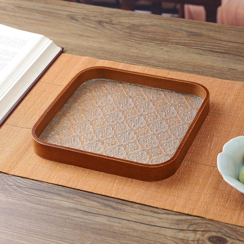 中式复古玻璃托盘家用长方形茶具水杯茶盘木质高档首饰收纳托盘子